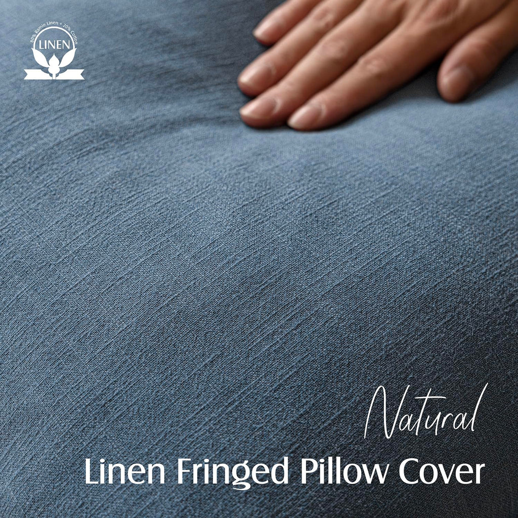 Decorative Linen Fringe Throw Pillow Covers 22×22 Inch, Dark Blue