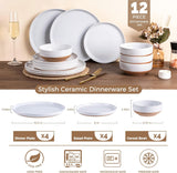 Ceramic Dinnerware Sets for 4, 12 Pieces Handpainted Plates and Bowls Set with Rustic Terracotta Underside
