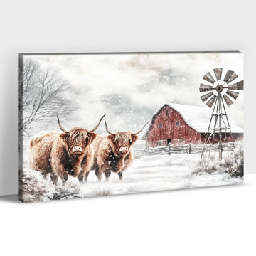 Farmhouse Decor Wall Art, Cow Pictures Red Barn Canvas Prints Wall Decor, Windmill Painting Winter Snow Scene