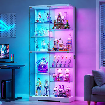 RGB Lighted Display Cabinet with Glass Doors, Frameless - White | 10-layers Shelves; 71inch Tall; Locking Showcase; 5