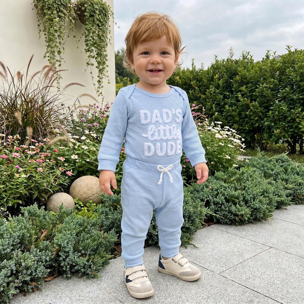 Waffle Knit Baby Boy Clothes Letters Embroidered Romper Pants Set