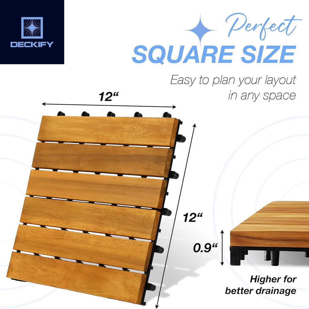 9 Pcs Acacia Wood Interlocking Patio Deck Tiles, 12 x 12 x 0.9 Inch Outdoor Flooring, Waterproof for All-Weather Use