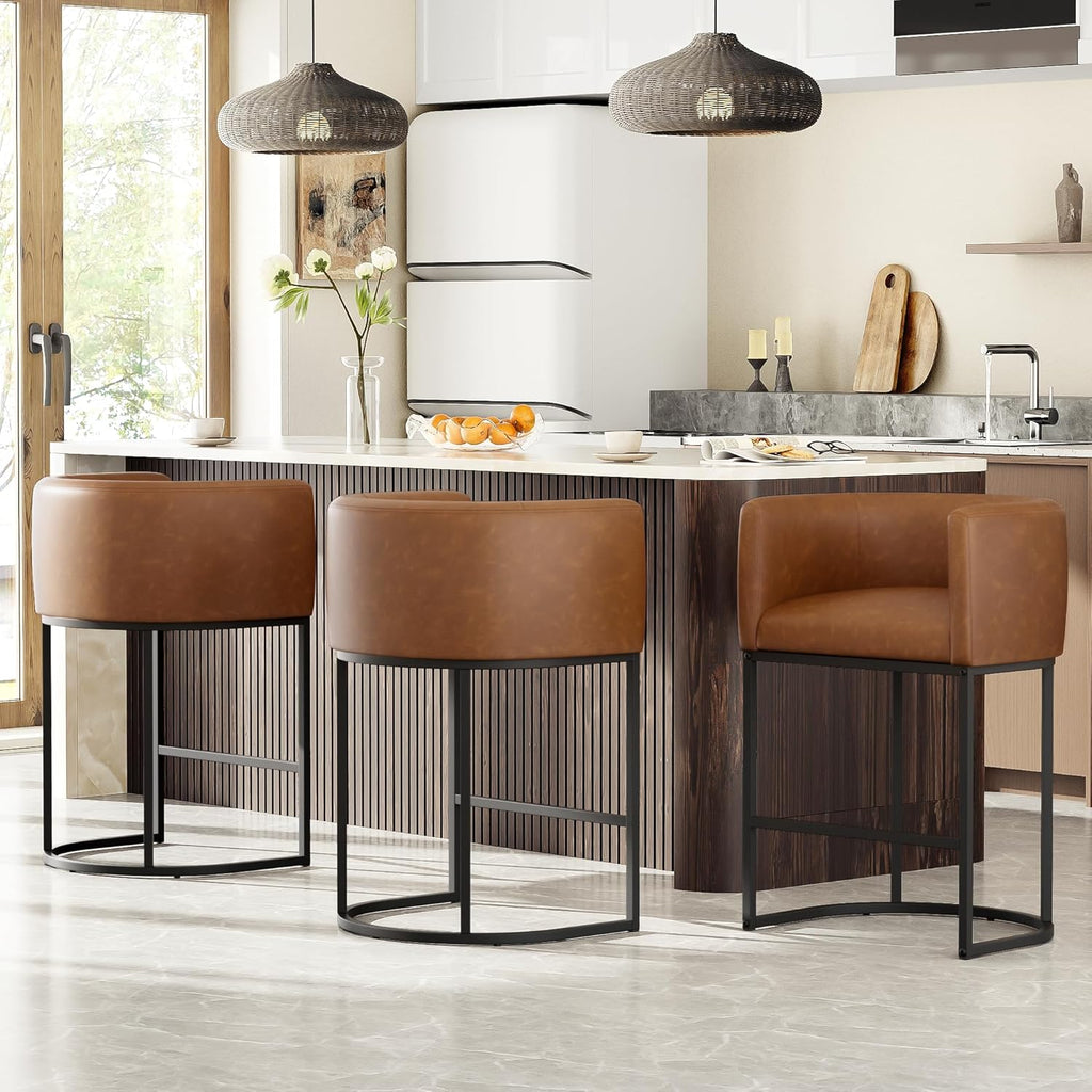 26" H Counter Height Bar Stools Set of 3, Modern Barrel Counter Stools with Backrest and Arms, Faux Leather