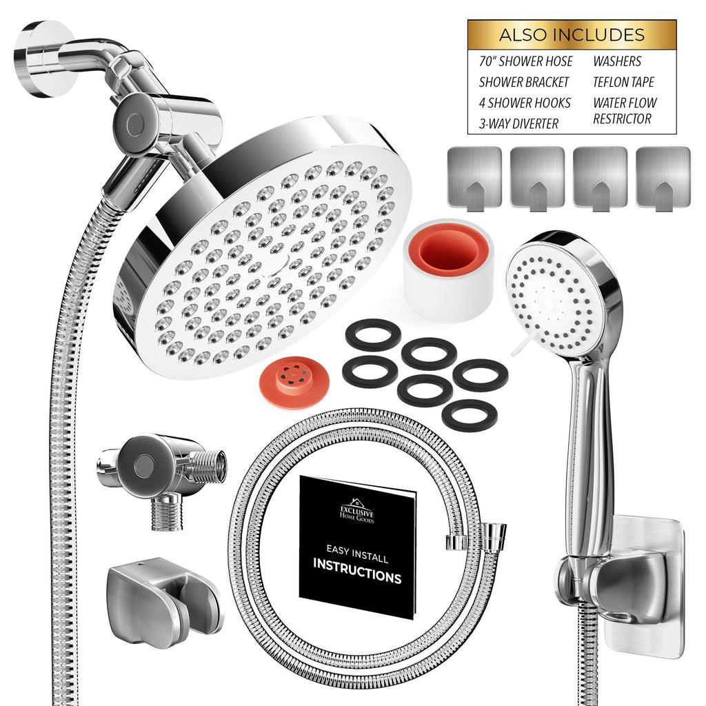 Head With Handheld Combo, 6 Inch High Pressure Rainfall Showerhead With Hand Held 70 Inch Hose for Bath - Adjustable