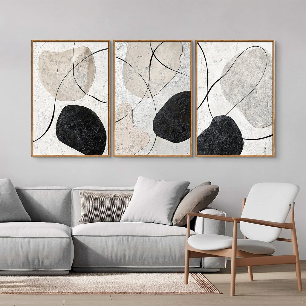 Black and White Framed Canvas Wall Art Set, Neutral Abstract Wall Decor, Modern Minimalist Geometric Art Prints, Calm