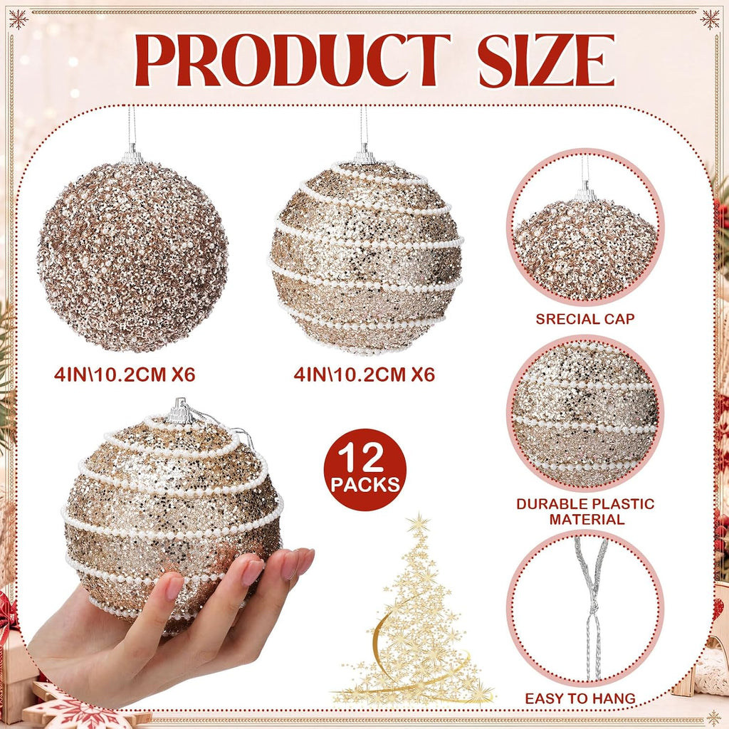 12 Pack 4" Christmas Ball Ornaments Champagne Large Christmas Balls