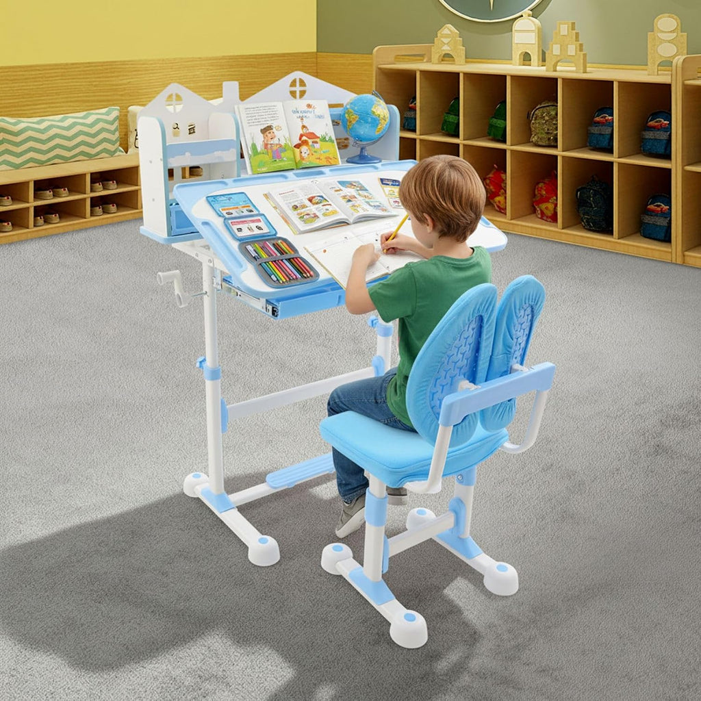 Adjustable Kids Desk & Chair Set Ergonomic Tilting Table with Storage Blue