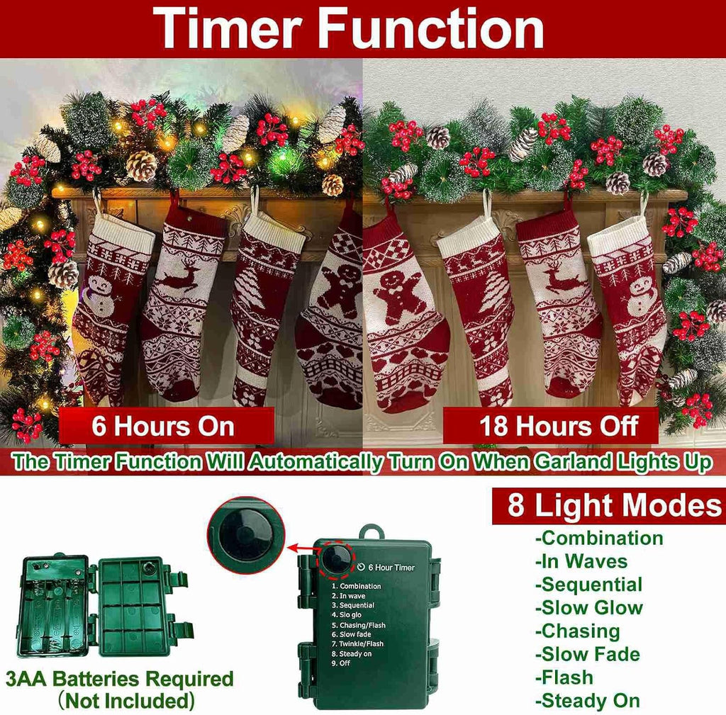 Timer 8 Modes - 9 Ft by 10 Inch Prelit Christmas Garland with 50 Warm Lights Thick 270 Snowy Bristle Pine 10 Pinecone