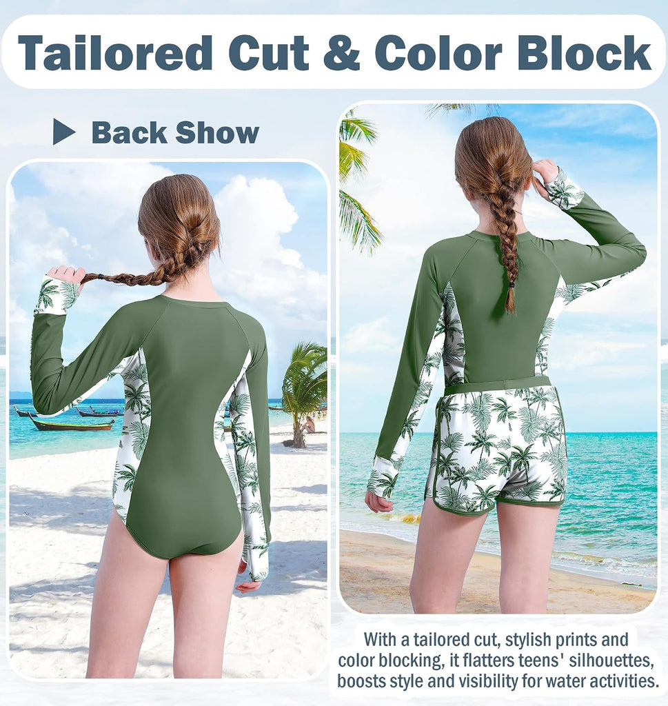 Girls Rash Guard Swimsuit 2 Piece Long Sleeve One Piece Bathing Suits with Swim Shorts Kids UPF 50+ Swimwear Sets