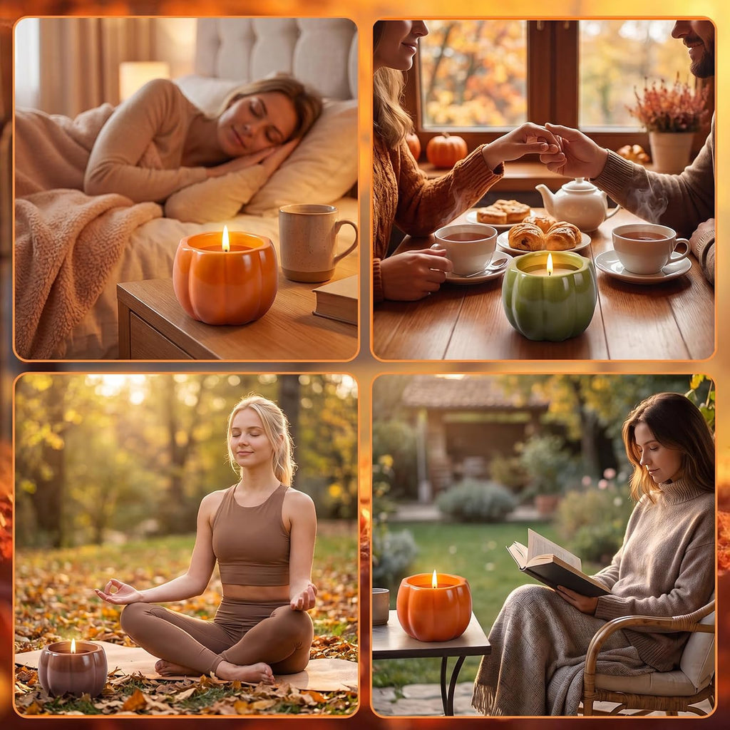 Fall Ceramic Pumpkin Candle Gift Set, Autumn Scented Candle, 14.4oz Soy Wax Pumpkin Jar Candles, Thanksgiving - Set of 3