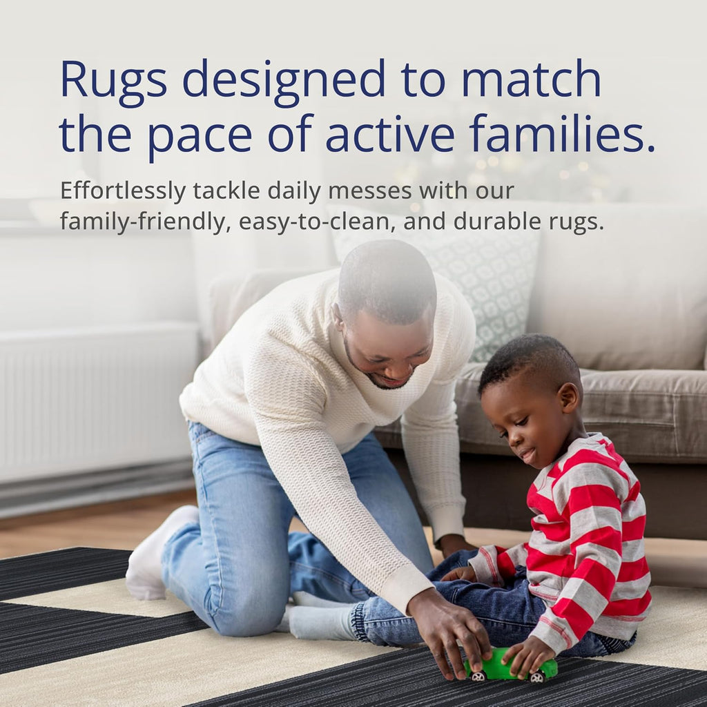 Austin Collection Navy Area Rug - - Block Checkered Pattern, Non-Shedding - Easy to Clean, Durable s, Dining