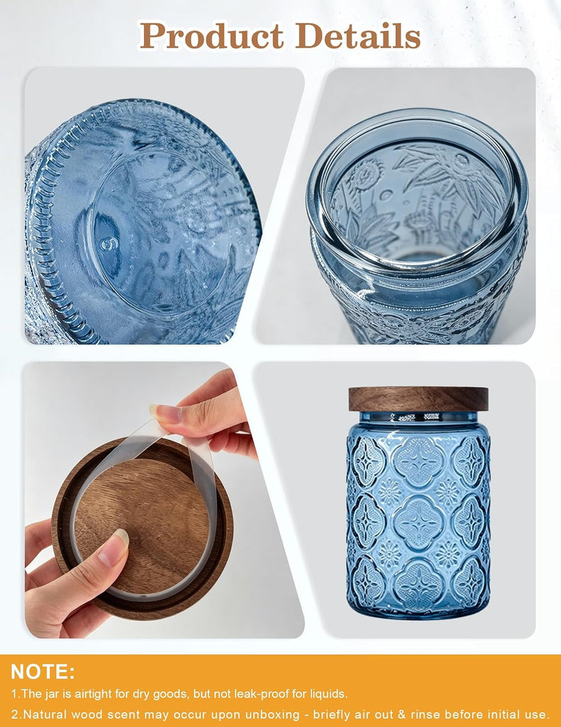 Glass Jar with Airtight Wood Lid - 34 OZ Kitchen Bathroom Pantry Canister, Decorative Vintage Storage Container - Set of 4