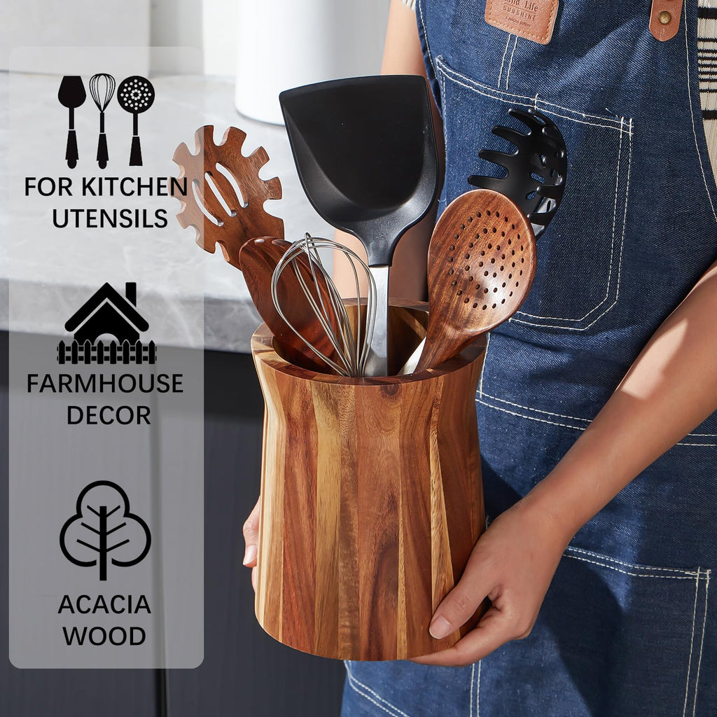 Wooden Utensil Holder for Countertop, 360° Rotating Kitchen Utensil Holder, 7.2"x 6" Large Acacia Wood Crock