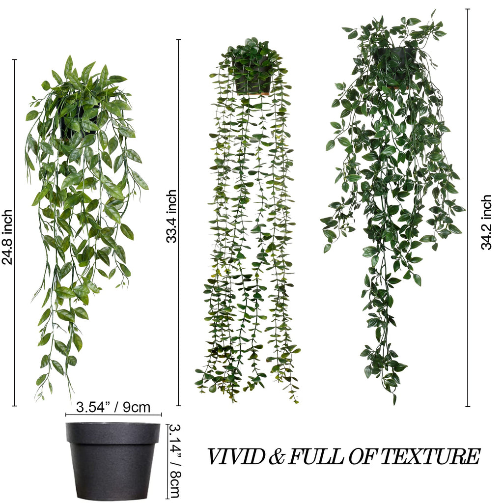 Fake Hanging Plants 3 Pack Artificial Eucalyptus Fake Potted Greenery Faux Eucalyptus Mandala Vine Pea Pod Indoor
