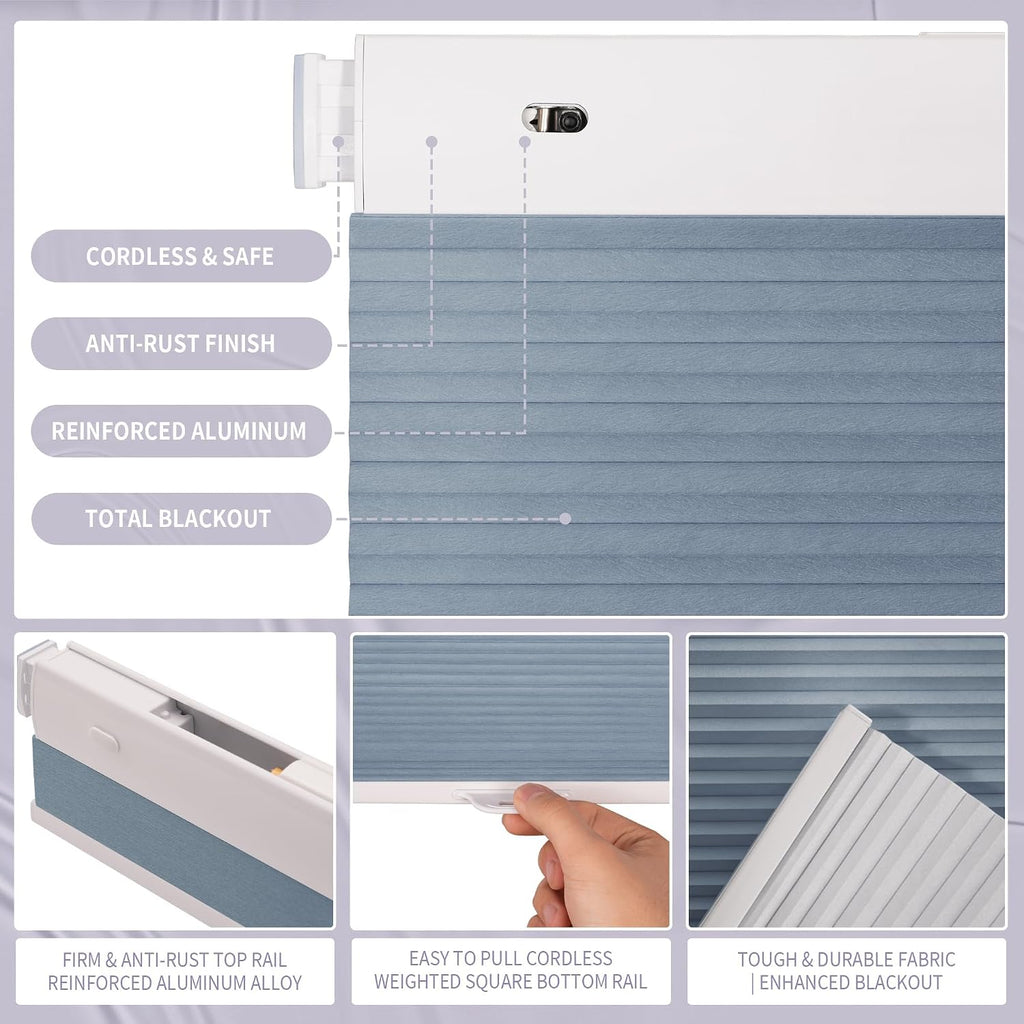 Cordless No Drill Blackout Honeycomb Shades - Thermal Insulation, UV Protection, Privacy, Room Darkening, Blue