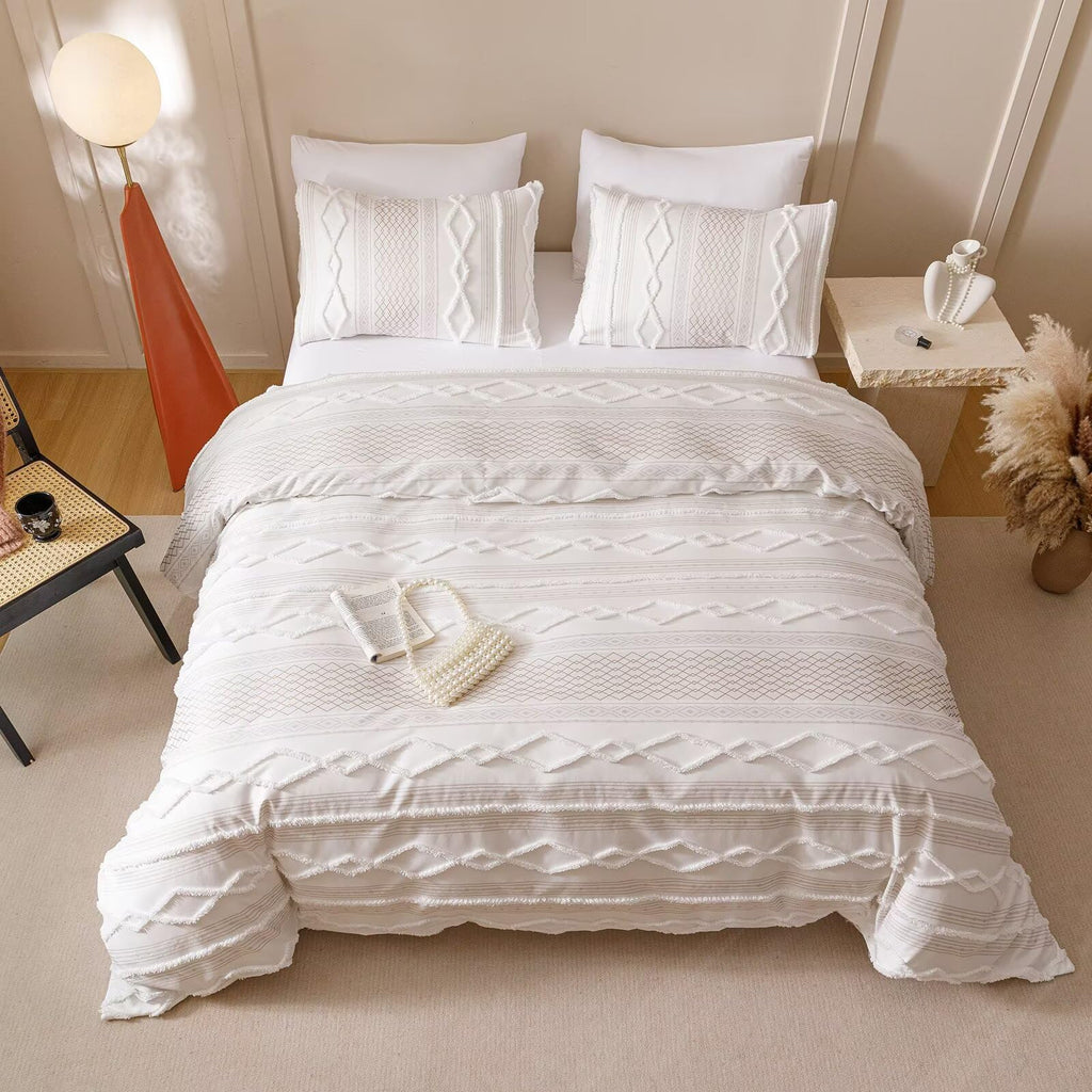 Tufted Comforter Set Queen Beige Jacquard Bedding Sets
