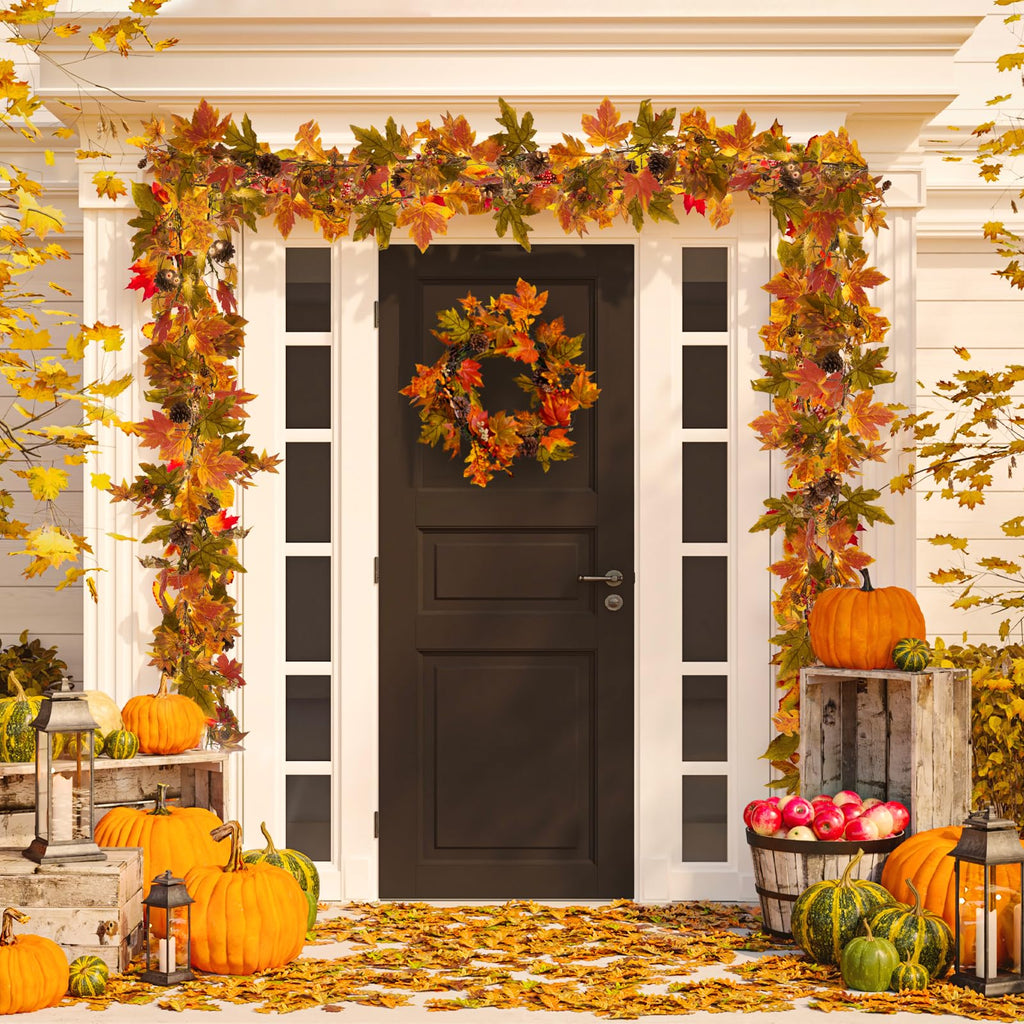 Fall Maple Leaf Garland, 9 Ft Fall Decor Garland with 30 Warm Lights