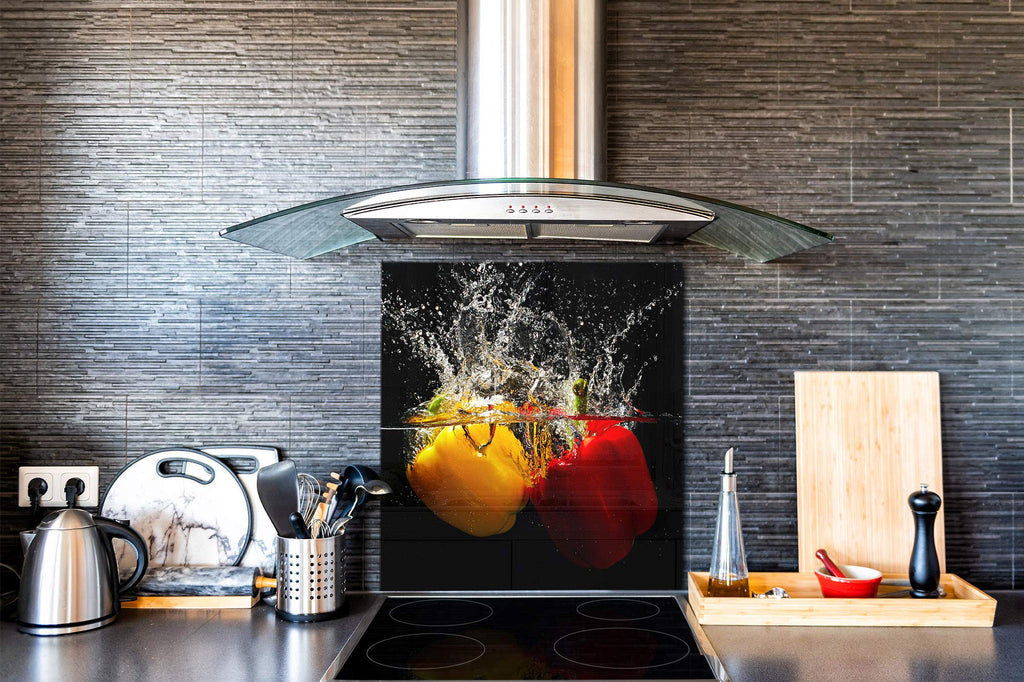 Stylish Tempered Glass backsplash - Glass Kitchen splashback - Glass upstand BS09 Water Splash Series: Peppers in