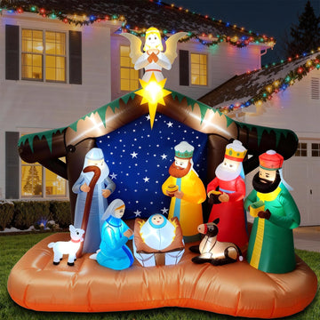 8FT Christmas Inflatables Nativity Scene Decorations, Outdoor Christmas Blow Up Yard Decor, Built-in White LED
