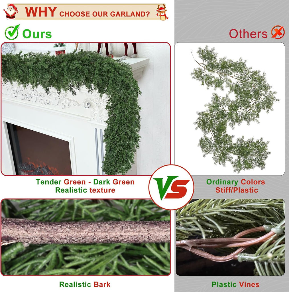 16 Ft Christmas Garland Soft Bendable Realistic Artificial Cedar Pine Green Xmas Mantle Garland for Staircase