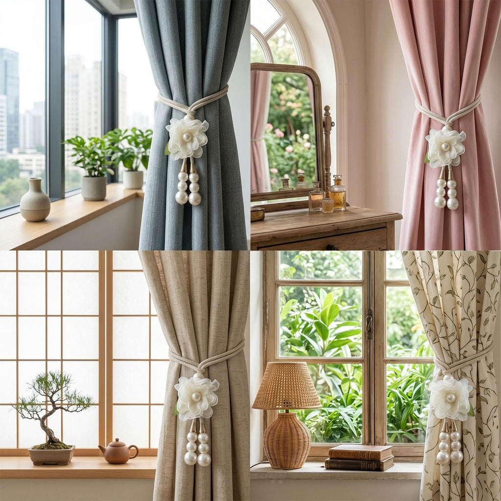 Adjustable Curtain Tiebacks, 4pcs(2pair) Hand-Woven Rope with Silk Flower & Pearl, Decorative Window Cord Holders