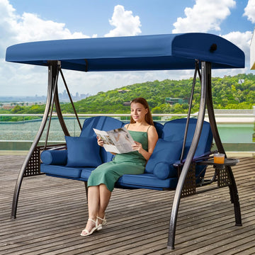 3 in 1 Outdoor Porch Swing with Adjustable Canopy, 3 Seat Outdoor Swing for Adults, Patio Swing Chair with Thickened