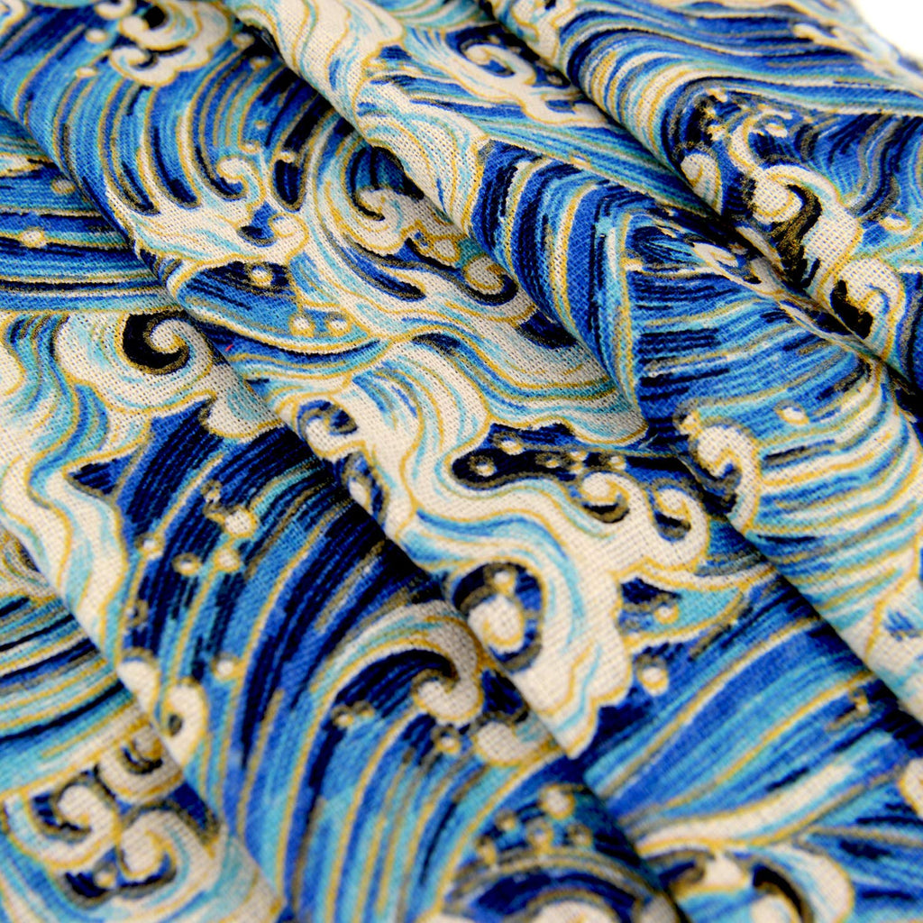 Linen Cotton Printed Fabric Decoration and Crafting By The Meter(Blue Ocean Wave)