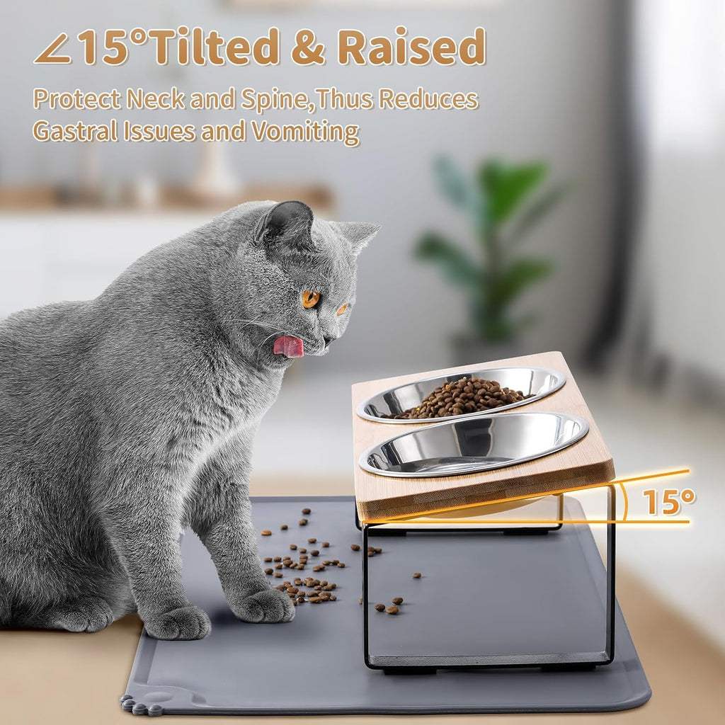 Upgraded Elevated Cat Bowls with Food Mat, 15°Tilted Stand Anti Vomiting Raised Cat Dishes for Food and Water, 2