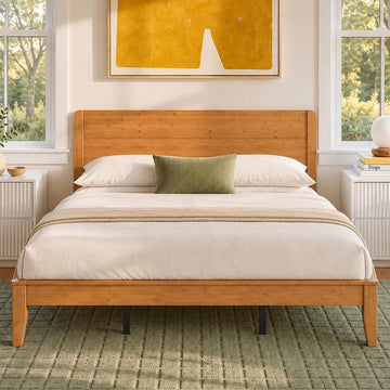 Japanese Joinery Bamboo Bed Frame, Platform Bed with Headboard