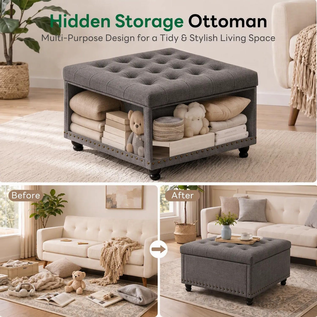 30 Inch Large Square Ottoman with Storage, Coffee Table, Dark Gray