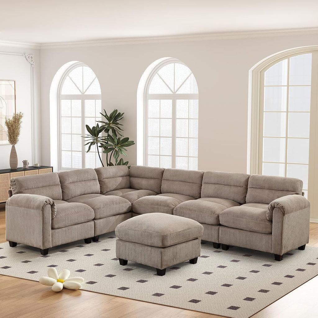 115" Modular Sectional Sofa Couch with Movable Ottoman, Oversized Corduroy U Shaped Sectional Couches with Rolled