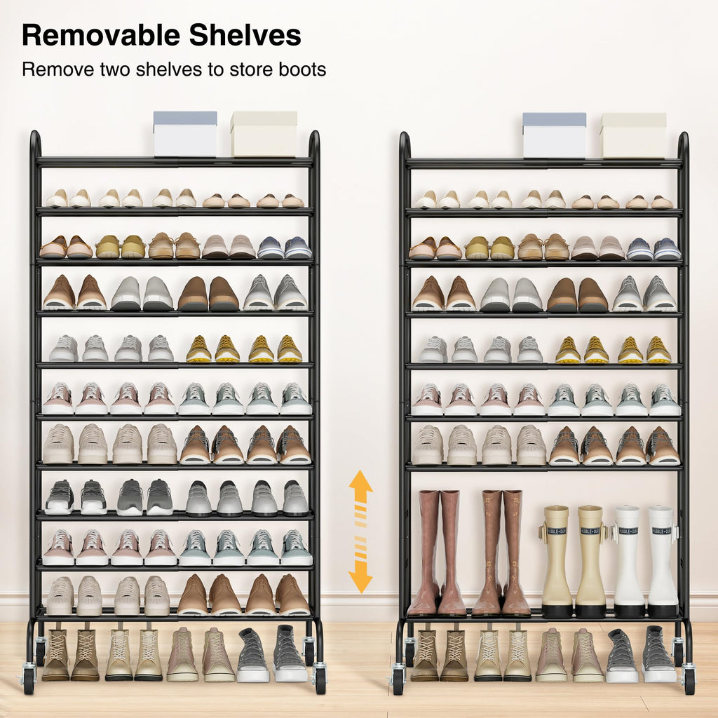 10-Tier Expandable Tall Shoe Rack for Garage, 44 Pairs, Black
