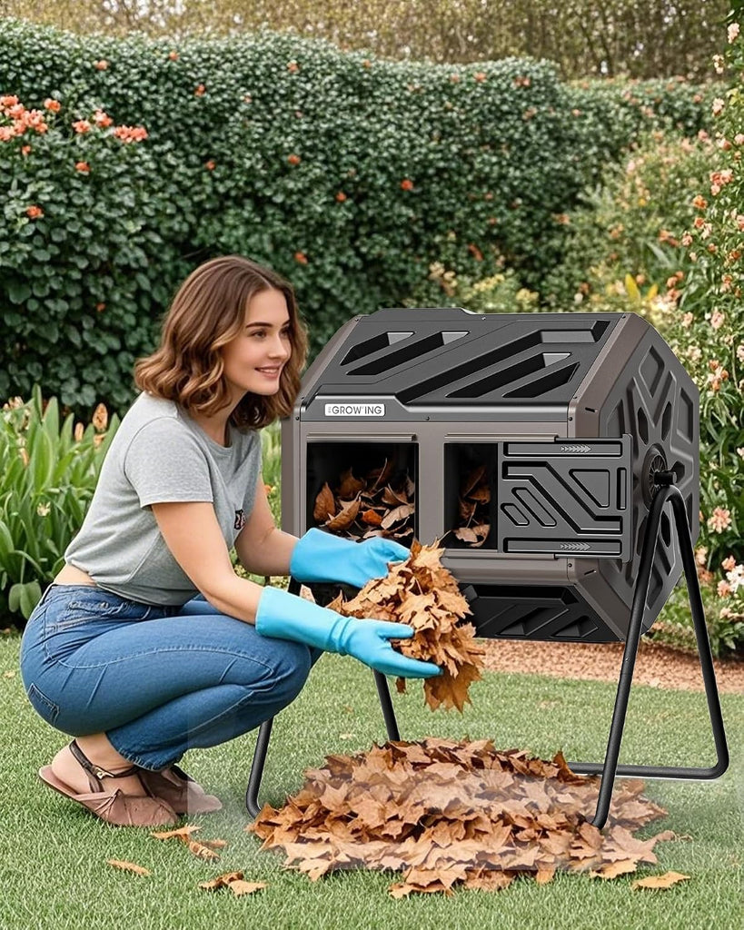 THE Growing 43 Gal Outdoor Compost Bin Tumbler for Backyard Garden, Brown | Twin 21.5gal chambers blend with