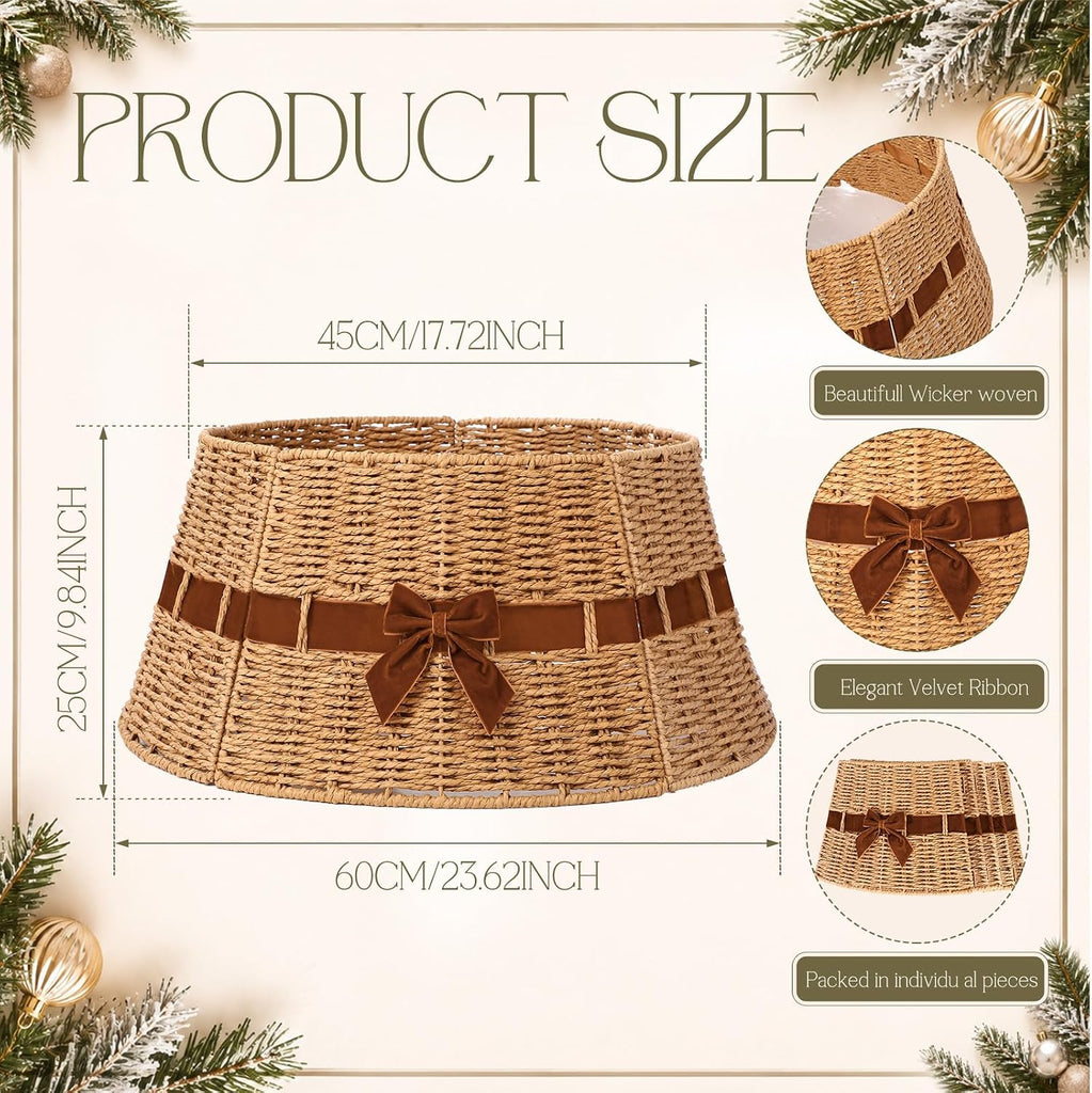 Wicker Christmas Tree Collar with Brown Velvet Bow 23.6 Inch