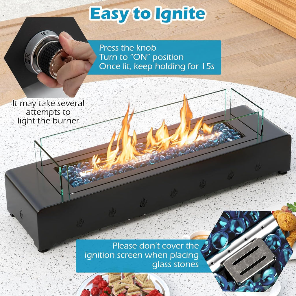30 Inch Table Top Propane Fire Pit, 40,000 BTU Rectangular Tabletop Firepit with Wind Guard, Glass Rocks & Cover