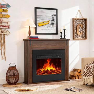 36" Modern Freestanding Electric Fireplace with Mantel, Minimalist TV Stand Electric for Living Room, Bed Room, Walnut