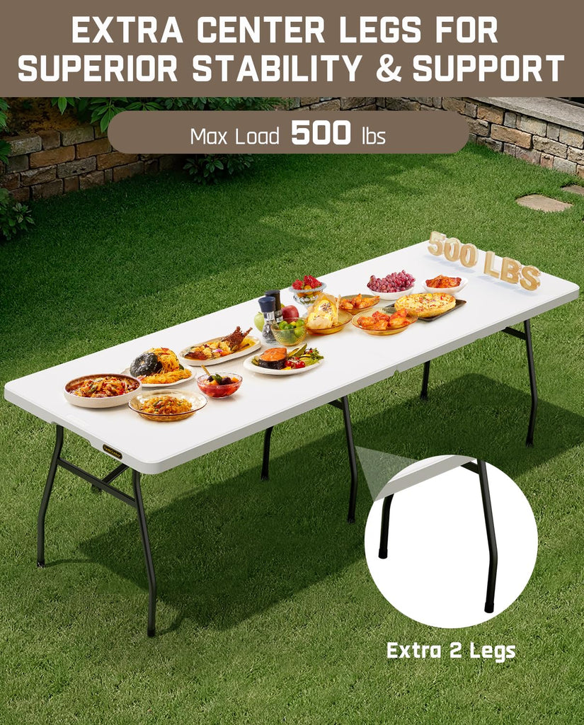 8ft Folding Table with Six Legs, 500 LBS, Party, Camping