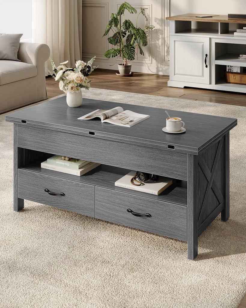 40" Lift Top Coffee Table, 4 in 1 Coffee Table with Hidden Compartment, 1 Open Shelf and 2 Drawers, Multifunctional