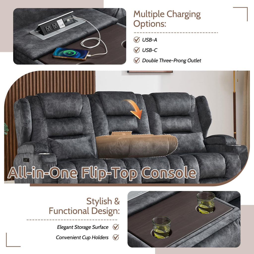 Power Loveseat Recliner Sofa, Adjustable Headrests & Flip-Backrest