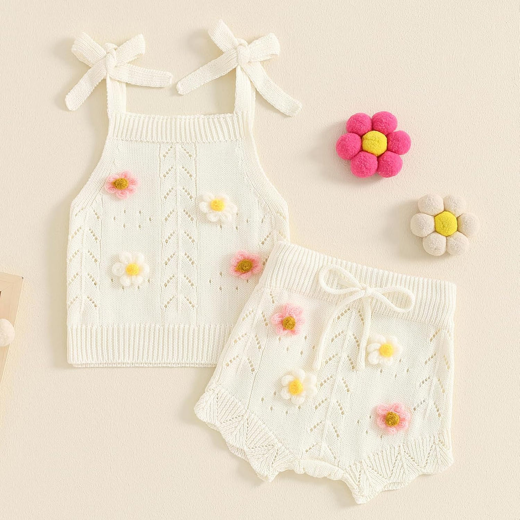 Toddler Baby Girl Clothes Summer Outfit Sleeveless Flower Embroidery Strap Knit Sweater Tank Top Shorts Set