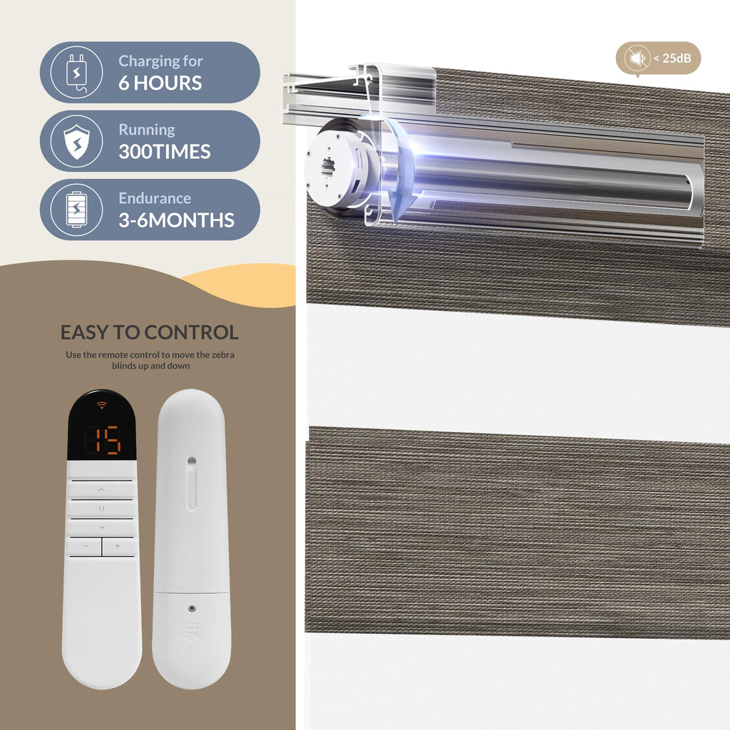 Motorized Zebra Blinds with Remote, APP Control - 95% Blackout Dark Brown