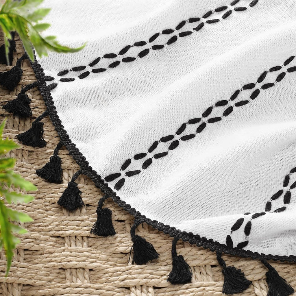 Black and White Boho Shower Curtain, 72" W X 72" L | Farmhouse Linen Striped Fabric with Tassels