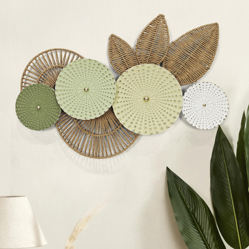 Boho Woven Wall Decor- Rattan Leaf & Circular 3D Wall Art Decor, 35"x 26" Large Hanging Decoration in Sage & Beige