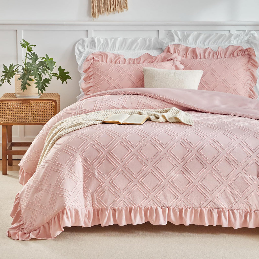 Tufted Ruffle Comforter Set Full/Queen Size, 3 Piece Blush Pink Ruffled Farmhouse Comforters, Luxury Solid Color Soft