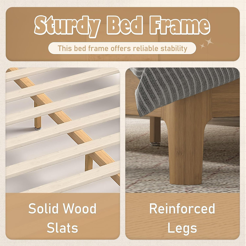 Bamboo Platform Bed Frame with Tall Headboard, Solid Bamboo Bed Frame with Support Slats, Modern Low