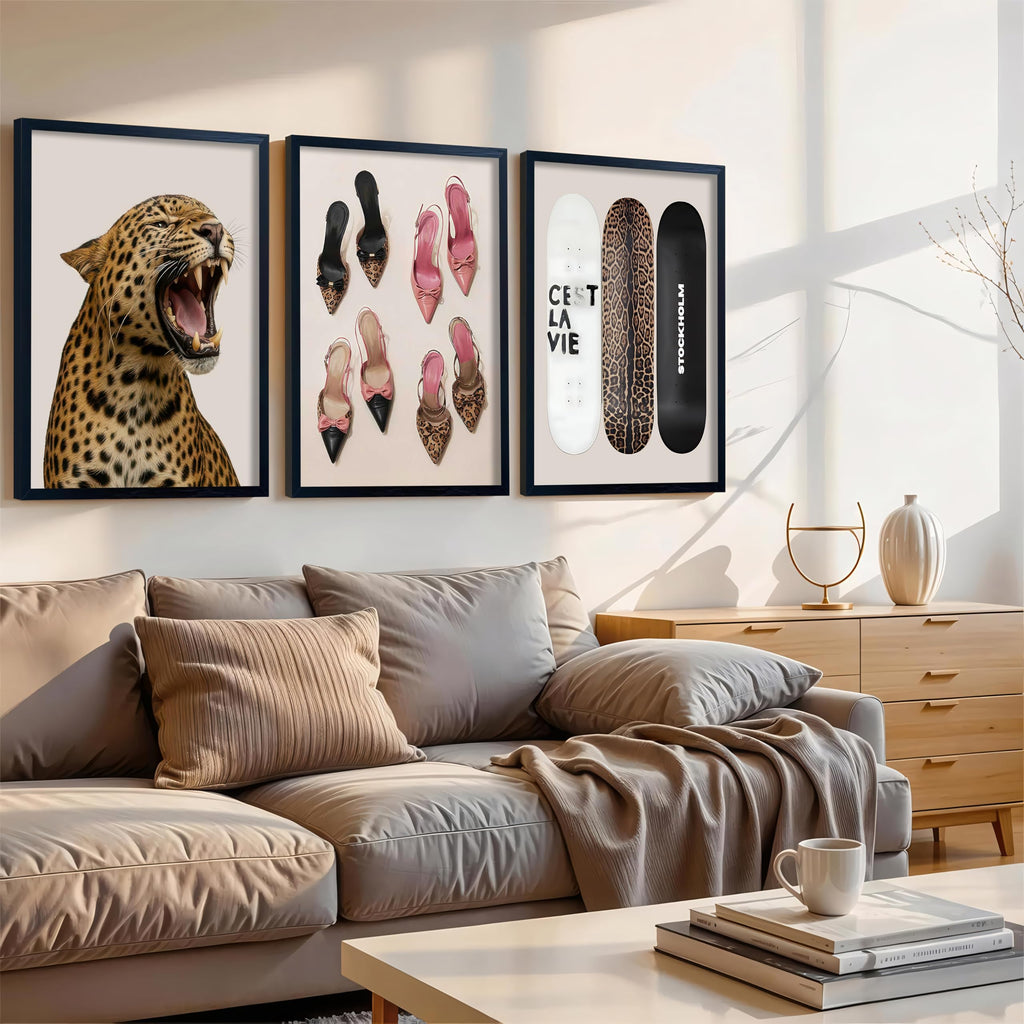 Stockholm Style Set of 3 Wall Art Set Leopard Print & Preppy Fashion Art with Heels, Skateboards & Roaring Leopard