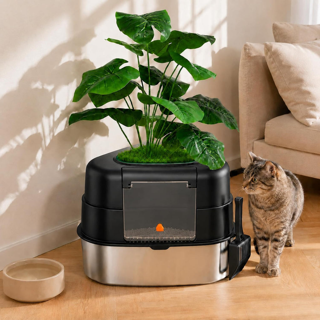 Hidden Corner Cat Litter Box with Faux Plant, Stainless Steel Interior, Covered Odor-Control Enclosure-Black