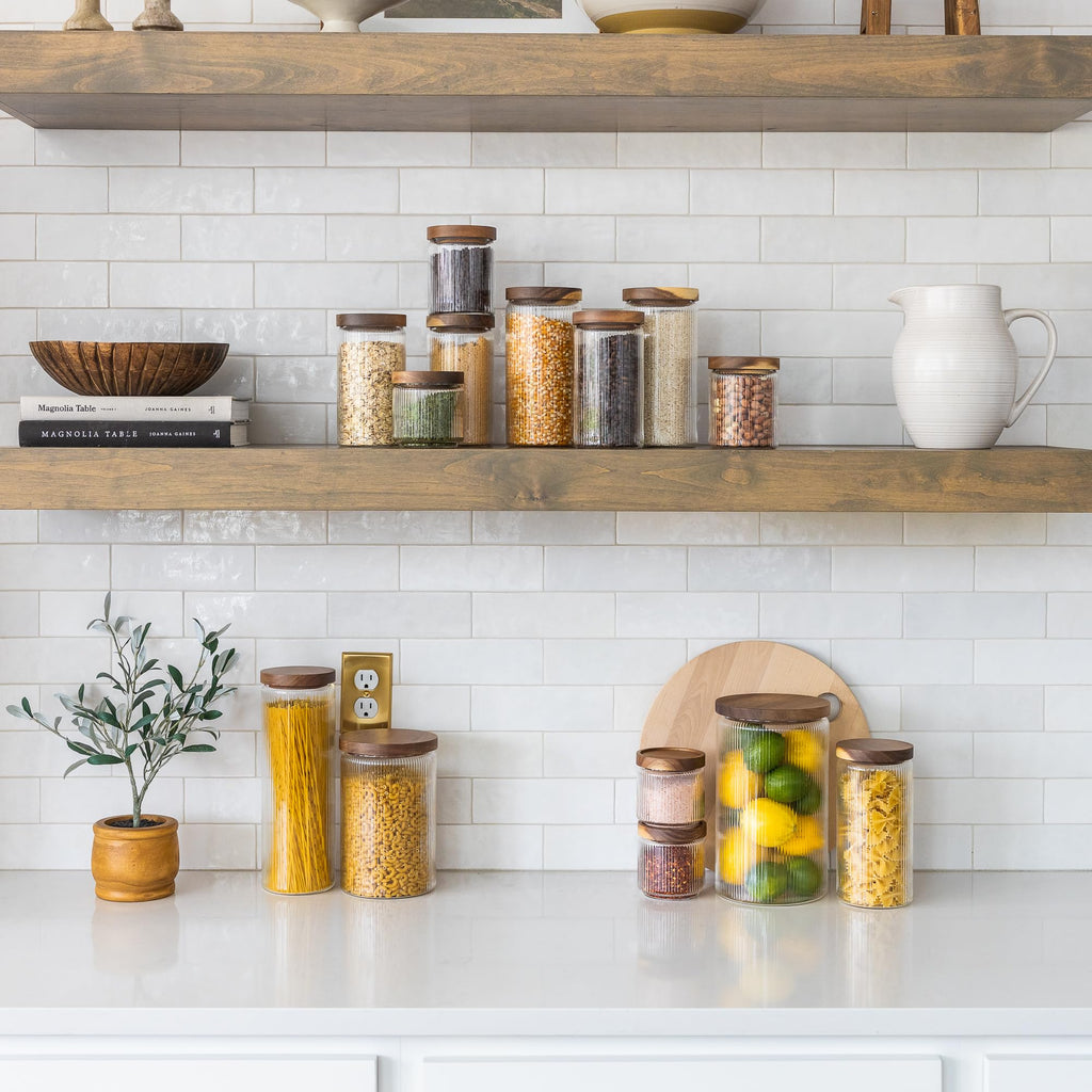 Ribbed Glass Jar with Wooden Lid 17oz, Set of 3 | Airtight Fluted Storage Canisters for Food, Tea, Coffee