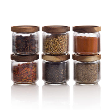 12 fl oz, 350ml Glass Food Storage Jars with Wood Lids (6pcs) - Stylish Ribbed Pattern Organization and Storage