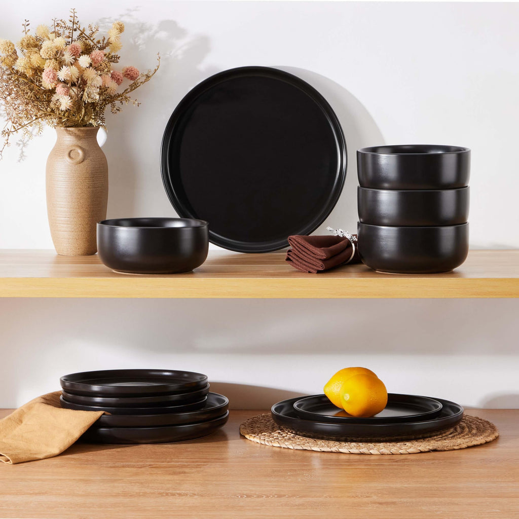 24 Pieces Stoneware Dinnerware Set Service for 8, Matte Black